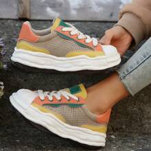 新款春季秋季女拼色鏤空貝殼五趾網面運動鞋透氣休閒厚底運動鞋 - 橘色 - 查看 1