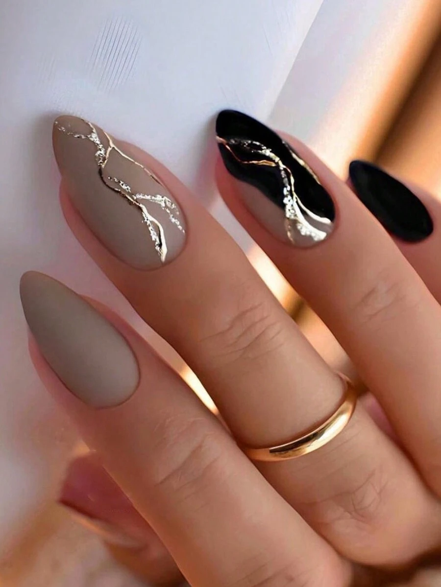 24 件裝長杏仁形優雅磨砂閃光法式假美甲套裝適合女學生日常穿著 - 彩色 - 查看 1