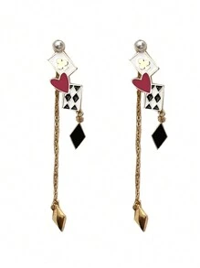 1 paire Boucles d'oreilles pendantes uniques de la Saint-Valentin avec motifs de cartes à jouer contrastées et en forme de cœur