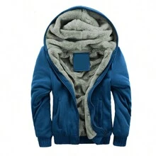 男士厚款連帽抓絨衫,純色,冬季外套,運動防寒衣服 - 藍色 - 查看 2
