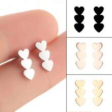 1Pair Stainless Steel Triple Heart Earrings  Golden Color Classic Simple Earrings For Women - Black - View 1