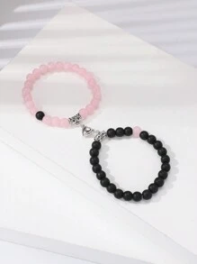 2入組天然能量石手鍊，採用心形磁扣，適用於父親節/母親節手鍊，情侶飾品/節日禮品套裝，Ins風配飾，日常佩戴，適用於海灘/復古風格 - 黑與白 - 查看 20