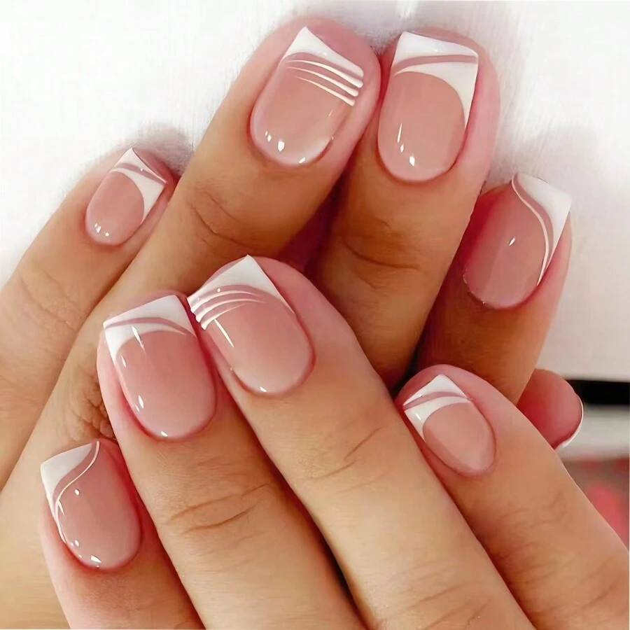 24入組歐美風格白邊法式指甲贴片+啫喱+指甲檔套組 - 白色 - 查看 1