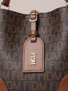 Letter Detail Bucket Bag, Fashion Top Handle Purse, Stylish Faux Leather Shoulder Bag - Mocha Brown - View 4