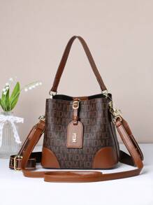Letter Detail Bucket Bag, Fashion Top Handle Purse, Stylish Faux Leather Shoulder Bag - Mocha Brown - View 1