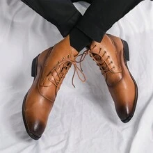 男式靴子實色系帶鞋頭休閒皮鞋 38-46碼 - 棕色 - 查看 4
