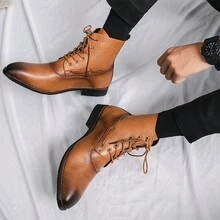 男式靴子實色系帶鞋頭休閒皮鞋 38-46碼 - 棕色 - 查看 5