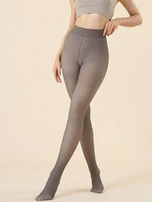 1pair Women's Thickened Warm Tights For Autumn And Winter, Solid Color, See-through And Casual Style - Coffee Brown - View 3