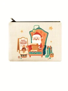 Ins聖誕化妝包/化妝包,聖誕老人和馴鹿印花,帆布材質,1個 - 彩色 - 查看 1