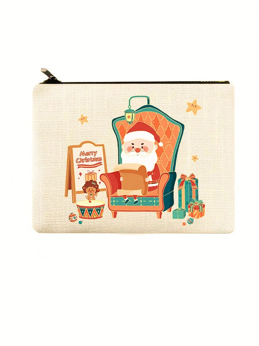 Ins聖誕化妝包/化妝包,聖誕老人和馴鹿印花,帆布材質,1個 - 彩色 - 查看 1