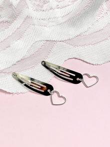 2 件組時尚女式水滴髮夾,帶有心形細節,龐克風格髮飾,適合日常佩戴,節日場合,可用於夾劉海和側發 - 銀色 - 查看 2