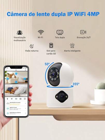 Camera de Segurança WiFi para Casa, Camera Inteligente Sem Fio para Interior, Baba Eletronica com Camera, Visão Noturna Infravermelha, Chamada de Voz Bidirecional, Camera Dupla Sem Ângulos Cegos