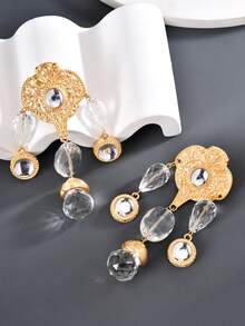 Aboocag 1pair Gold-color French Style Clear Crystal Fringe Shoulder Duster Earrings For Women, Retro Luxury Ear Stud Jewelry - Clear - View 2