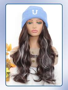 女性合成毛帽式假髮帽,長波浪髮型暖和柔軟的滑雪針織秋冬帽,耐高溫假髮 - 彩色 - 查看 3