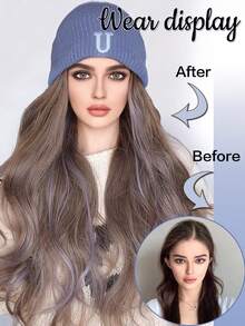 女性合成毛帽式假髮帽,長波浪髮型暖和柔軟的滑雪針織秋冬帽,耐高溫假髮 - 彩色 - 查看 2