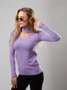 Shopilinc Women's Round Neck Sweater With Neck Strip - Màu Lilac Tím - Xem 1