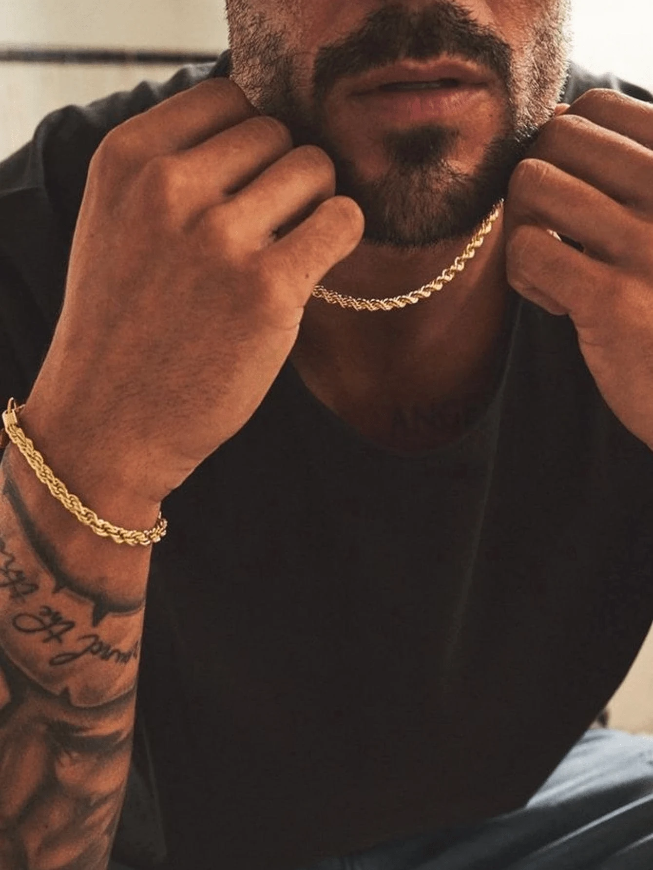 1set Men Minimalist Fashion Rope Chain Necklace & Bracelet For Daily Decoration For Street Jewelry - Yellow Gold - View 1