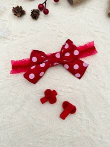 1對寶寶女孩蝴蝶結防滑襪子,1pc 寶寶女孩頭帶附2pcs可愛髮夾,適用於聖誕節 - 紅色 - 查看 3