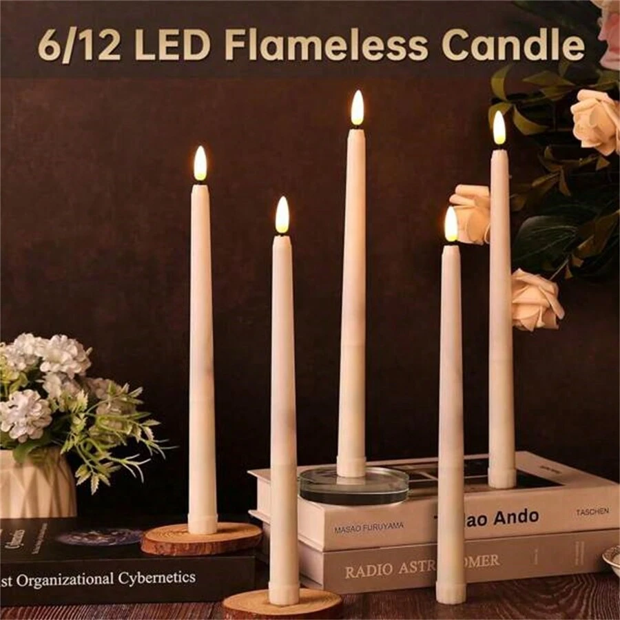 6/12pcs LED Flameless Taper Candles 2AAA Battery Operated Fake Flickering Candlesticks Electric Long Candles For Wedding Home Decor - Bullet - View 1