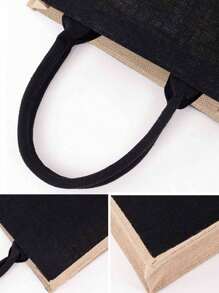 個性化首字母名字 A 到 Z 粉紅色花朵字母海灘粗麻布手提袋伴娘新娘派對女孩旅行禮物手提包黃麻大容量手提購物袋 - 黑色 - 查看 3