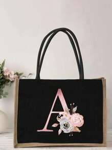 個性化首字母名字 A 到 Z 粉紅色花朵字母海灘粗麻布手提袋伴娘新娘派對女孩旅行禮物手提包黃麻大容量手提購物袋 - 黑色 - 查看 6