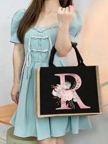 個性化首字母名字 A 到 Z 粉紅色花朵字母海灘粗麻布手提袋伴娘新娘派對女孩旅行禮物手提包黃麻大容量手提購物袋 - 黑色 - 查看 5