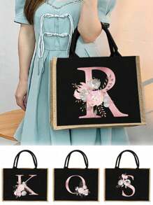 個性化首字母名字 A 到 Z 粉紅色花朵字母海灘粗麻布手提袋伴娘新娘派對女孩旅行禮物手提包黃麻大容量手提購物袋 - 黑色 - 查看 1