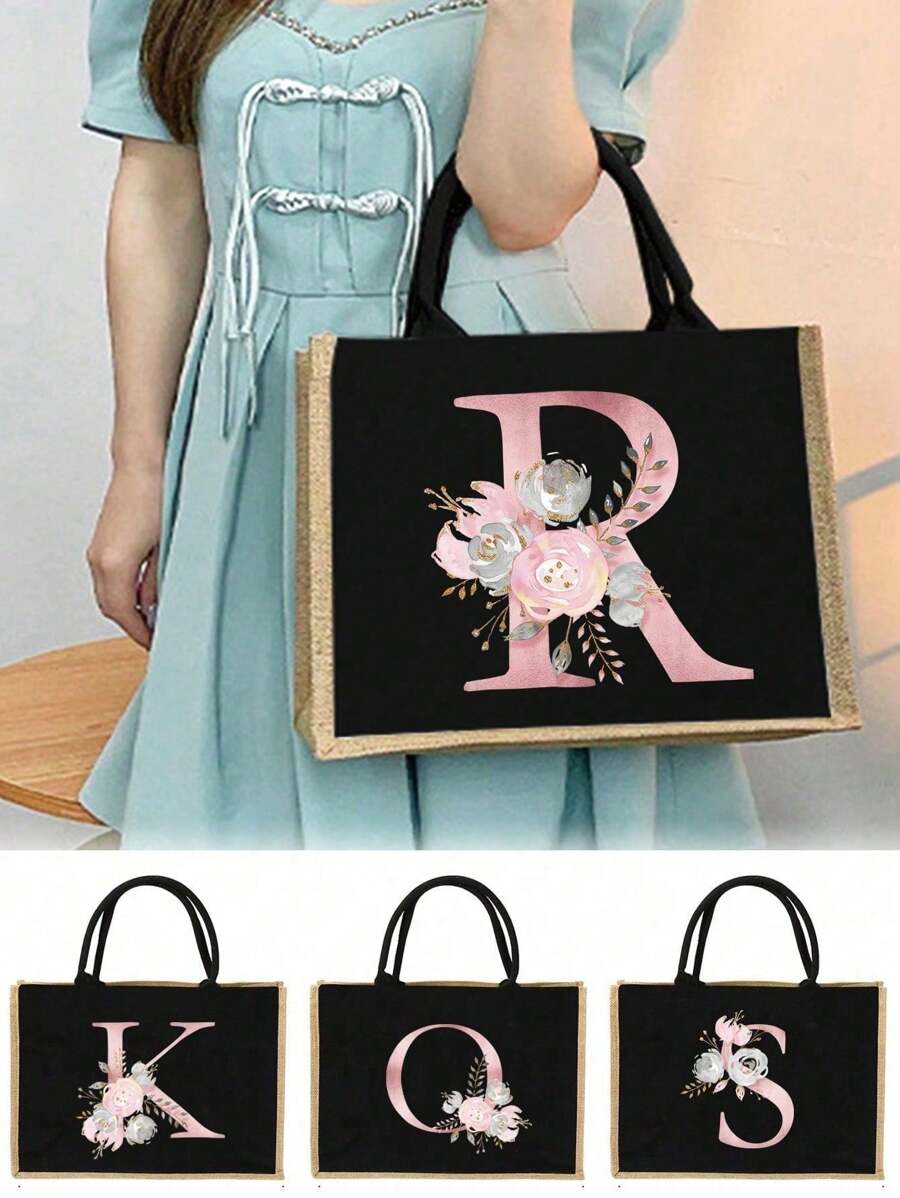 個性化首字母名字 A 到 Z 粉紅色花朵字母海灘粗麻布手提袋伴娘新娘派對女孩旅行禮物手提包黃麻大容量手提購物袋 - 黑色 - 查看 1