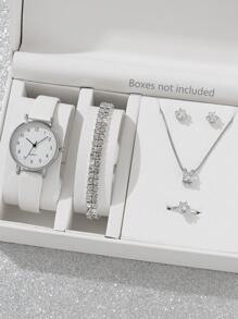 7入組女士手錶，女款Pu皮革表帶簡約腕錶，時尚商務風格鋅合金掛墜項鍊，耳飾，戒指，鑽石手鏈石英手錶配件套裝，適用於假期 - 白色 - 查看 1