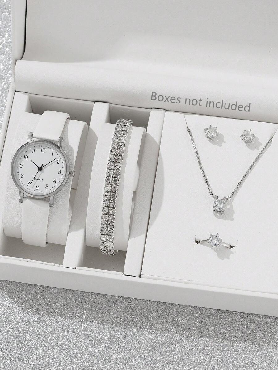 7入組女士手錶，女款Pu皮革表帶簡約腕錶，時尚商務風格鋅合金掛墜項鍊，耳飾，戒指，鑽石手鏈石英手錶配件套裝，適用於假期 - 白色 - 查看 1