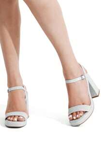 Women Chunky Heel Platform Sandals Open Toe Fashionable Ankle Strap Buckle Decor Heeled Sandals For Halloween Party Evening Prom Wedding - SILVER-GLITTER - View 6