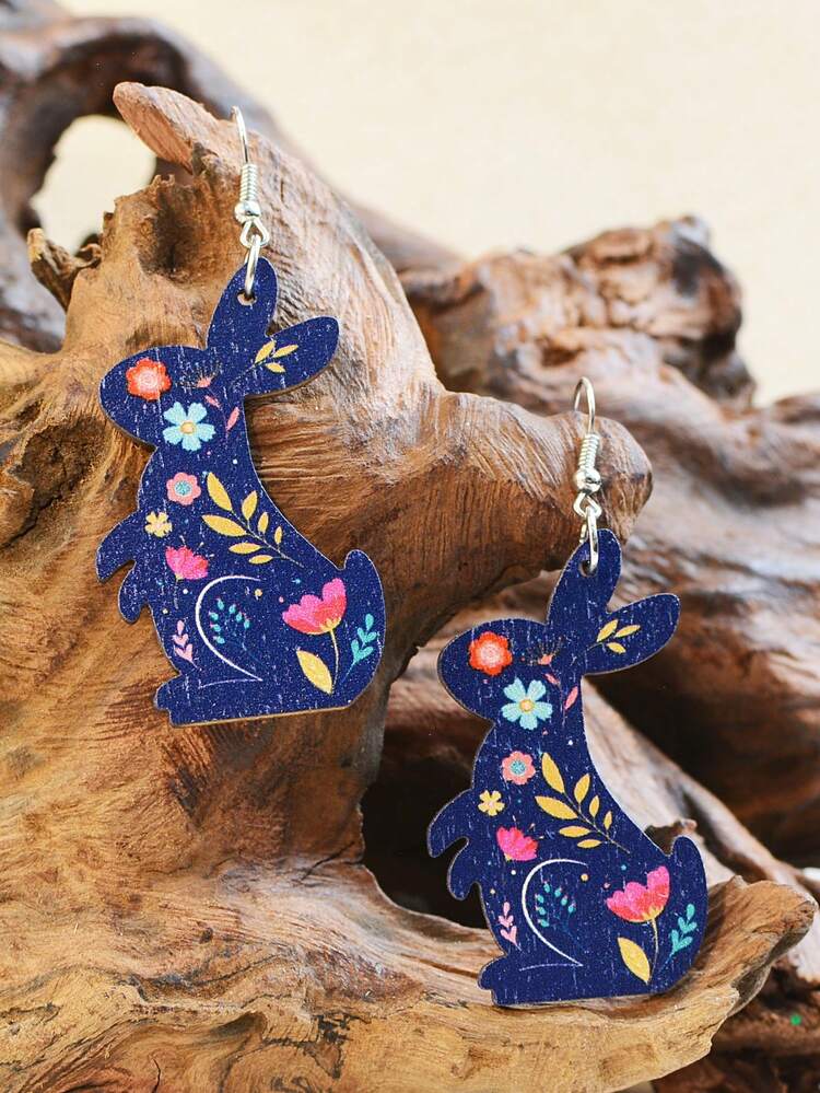 1 Par De Pendientes De Conejo De Pascua, Flor, Cuadros, Estampado De Leopardo, Feliz Recién Nacido, Multicolor, Peso Ligero, Corte Láser De Madera, Estampado De Doble Cara, Estilo Occidental Vintage Para Mujer - pendientes de madera - Añade 8