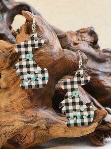 1對復活節兔子、花卉、格子、豹紋圖案新生兒多色輕便木雕激光切割雙面印花西式復古風格女士耳環 - 木質耳環 - 查看 6