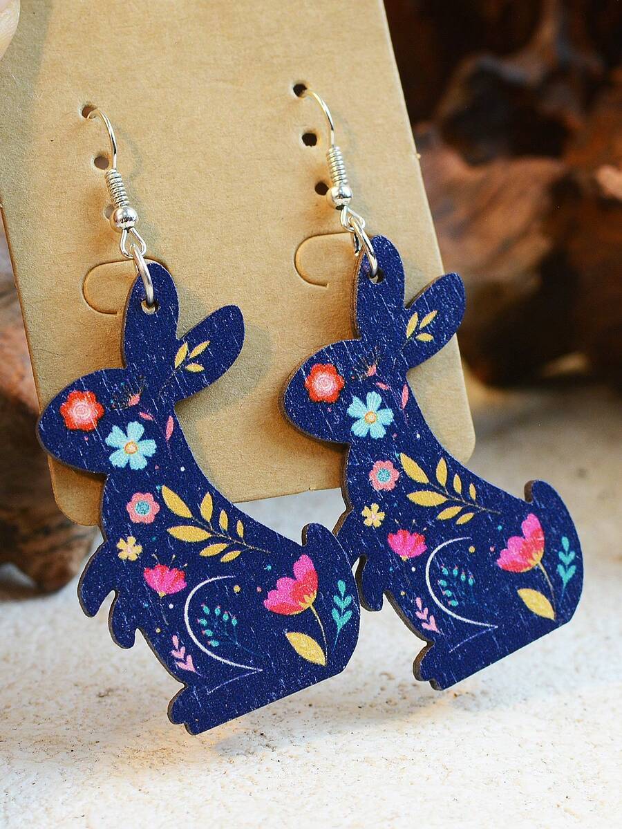 1對復活節兔子、花卉、格子、豹紋圖案新生兒多色輕便木雕激光切割雙面印花西式復古風格女士耳環 - 木質耳環 - 查看 1