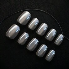 Y2k風格簡約風格短款t型手工可穿戴藝術,灰色純色貓眼指甲藝術設計,適合日常和派對使用,全覆蓋女性人工diy閃粉假甲10入組附工具套裝 - 灰色 - 查看 2