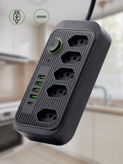 Filtro de Linha Portáteis, Extensão Tomada, Régua Tomada, Régua de Energia, 5 Tomadas, 4 Interfaces USB, 1 Porta USB Tipo-C, Cabo de Alimentação de 1,9 metros, Suporte a Tensão de 110-220V, Potência de 2500W(‎preto)