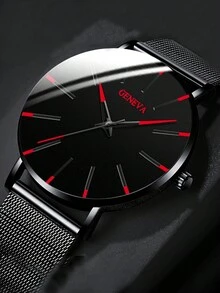5pcs/Set Men's Black Mesh Strap Watch + Classic & Fashionable Red Minimalist Dial Quartz Watch + Leather Bracelet, Suitable For Daily Wear And Decor, Gift Giving - Black - View 4