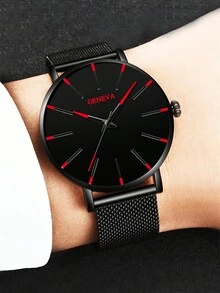 5pcs/Set Men's Black Mesh Strap Watch + Classic & Fashionable Red Minimalist Dial Quartz Watch + Leather Bracelet, Suitable For Daily Wear And Decor, Gift Giving - Black - View 2