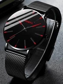 5pcs/Set Men's Black Mesh Strap Watch + Classic & Fashionable Red Minimalist Dial Quartz Watch + Leather Bracelet, Suitable For Daily Wear And Decor, Gift Giving - Black - View 3