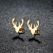 1 Pair Fashion Stainless Steel Golden Deer Head Antlers Stud Earring Charm Animal Earrings For Women Simple Fine Jewelry DIY - Silver - View 4