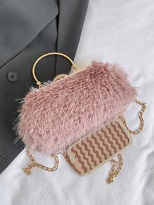 1pc Pink Clutch Bag Plush Shell Handbag For Evening Dressing, Fashionable Autumn & Winter - Pink - View 6