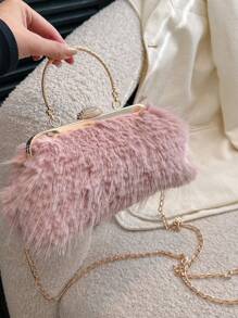 1pc Pink Clutch Bag Plush Shell Handbag For Evening Dressing, Fashionable Autumn & Winter - Pink - View 1