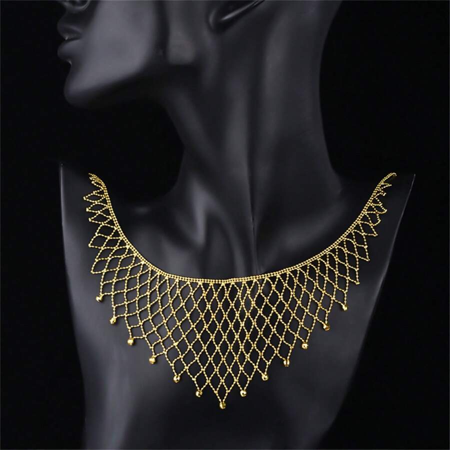 新到貨蕾絲針織網狀設計簡約鎖骨鏈,復古宮廷風格高端女士珠寶 - 金黃色 - 查看 1