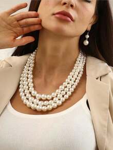 1pc Faux Pearl Multi-Layered Exaggerated Cheongsam Accessory Elegant, Minimalist Necklace With Different Sized Round Beads - White - View 1