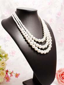 1pc Faux Pearl Multi-Layered Exaggerated Cheongsam Accessory Elegant, Minimalist Necklace With Different Sized Round Beads - White - View 4