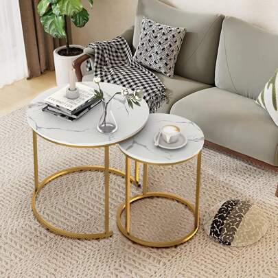 White Marble Nesting Coffee Table For Small Place 24 In 2 Sets High Side End Sofa Table Nightstand Modern Furniture Living Room Cabin Bed Room Dining RoomGarden 4 You (White Marble)