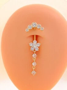 1pc Stainless Steel Navel Ring With Flower Design, 9 Cz Gems & 5 Rhinestones, For Women Daily Wear Valentines,Mom,Mother,Mother's Day,Gift - Three sections - View 12