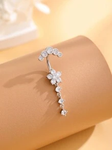 1pc Stainless Steel Navel Ring With Flower Design, 9 Cz Gems & 5 Rhinestones, For Women Daily Wear Valentines,Mom,Mother,Mother's Day,Gift - Three sections - View 2