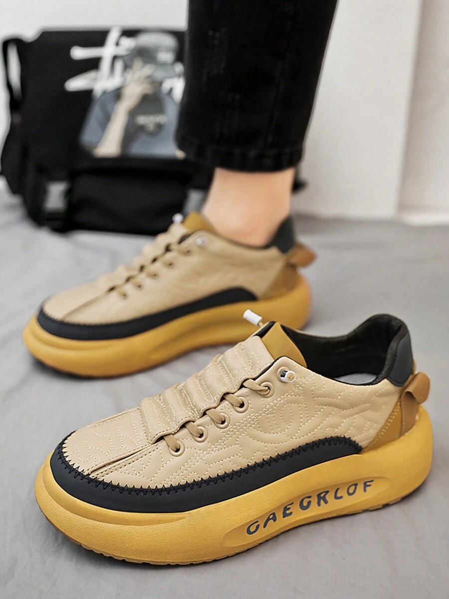 男士运动鞋，休闲时尚拼色潮流运动鞋，舒适厚底皮革表面鞋 - 卡其色 - 查看 1