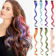 1 包彩色接发卷发单夹合成长发片适合女孩女士派对亮点假发片，适合各种场合，包括音乐节、派对、度假和所有季节 - 藍色 - 查看 1